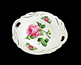 Plato de pastel, Baviera, Lehmann, pintado a mano, patrón floral, en relieve, doble mango, porcelana, rosa rosa, recortado en oro, plato de exhibición