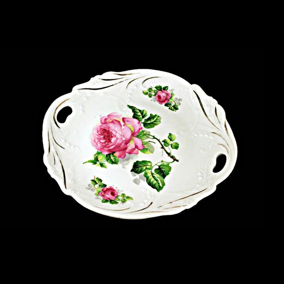 Cake Plate, Bavaria, Lehmann,  Hand Painted, Floral Pattern, Embossed, Double Handled, Porcelain, Pink Rose, Gold Trimmed, Display Plate