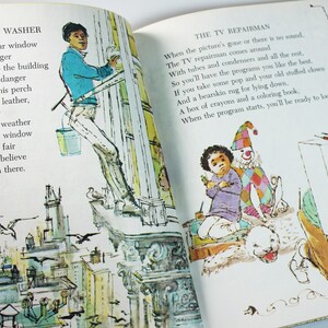 K&ouml;nnte beinhalten: Eine illustrierte Seite aus einem Kinderbuch mit zwei Gedichten. Das erste Gedicht handelt von einem Fensterputzer und das zweite Gedicht handelt von einem Fernsehtechniker. Die Illustrationen sind farbenfroh und fantasievoll.