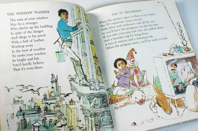 K&ouml;nnte beinhalten: Eine illustrierte Seite aus einem Kinderbuch mit zwei Gedichten. Das erste Gedicht handelt von einem Fensterputzer und das zweite Gedicht handelt von einem Fernsehtechniker. Die Illustrationen sind farbenfroh und fantasievoll.