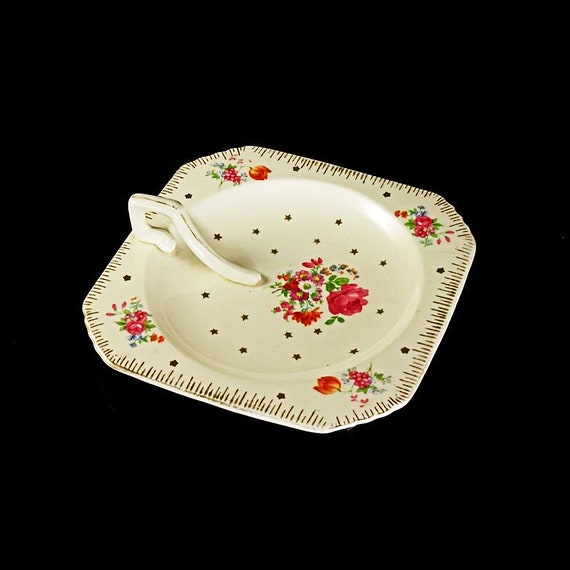 Square Lemon Dish, Lemon Tray, Tray With Top Handle, Floral and Star Design, Made in Japan