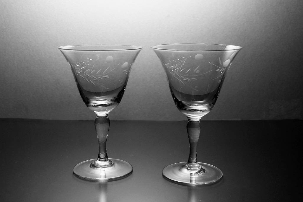Etched Cordial Glasses, Floral Pattern, Set of 2, Clear Glass, Barware