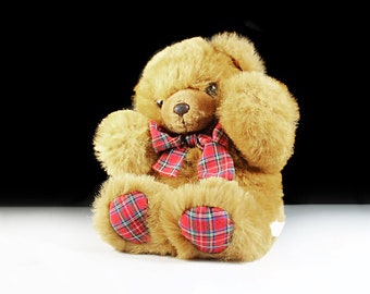 Teddy Bear Stuffed Animal, Commonwealth Toy Company, Red Plaid Accents, Fluffy, Soft, Sitting Bear, Nursery Decor, 13 Inch