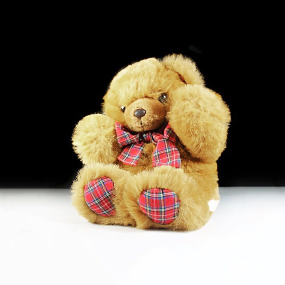 Teddy Bear Stuffed Animal, Commonwealth Toy Company, Red Plaid Accents, Fluffy, Soft, Sitting Bear, Nursery Decor, 13 Inch