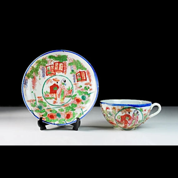 Teacup and Saucer, Eggshell Porcelain, Geisha, Blue and White, Hand Painted