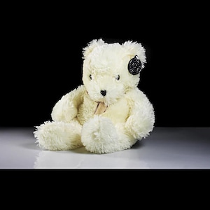 May include: A white plush teddy bear with a black button on its ear. The bear is sitting on a white surface.
