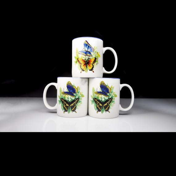 Tabletops Unlimited Butterflies Mug Set of 3 – Colorful Butterfly Print, Dishwasher and Microwave Safe
