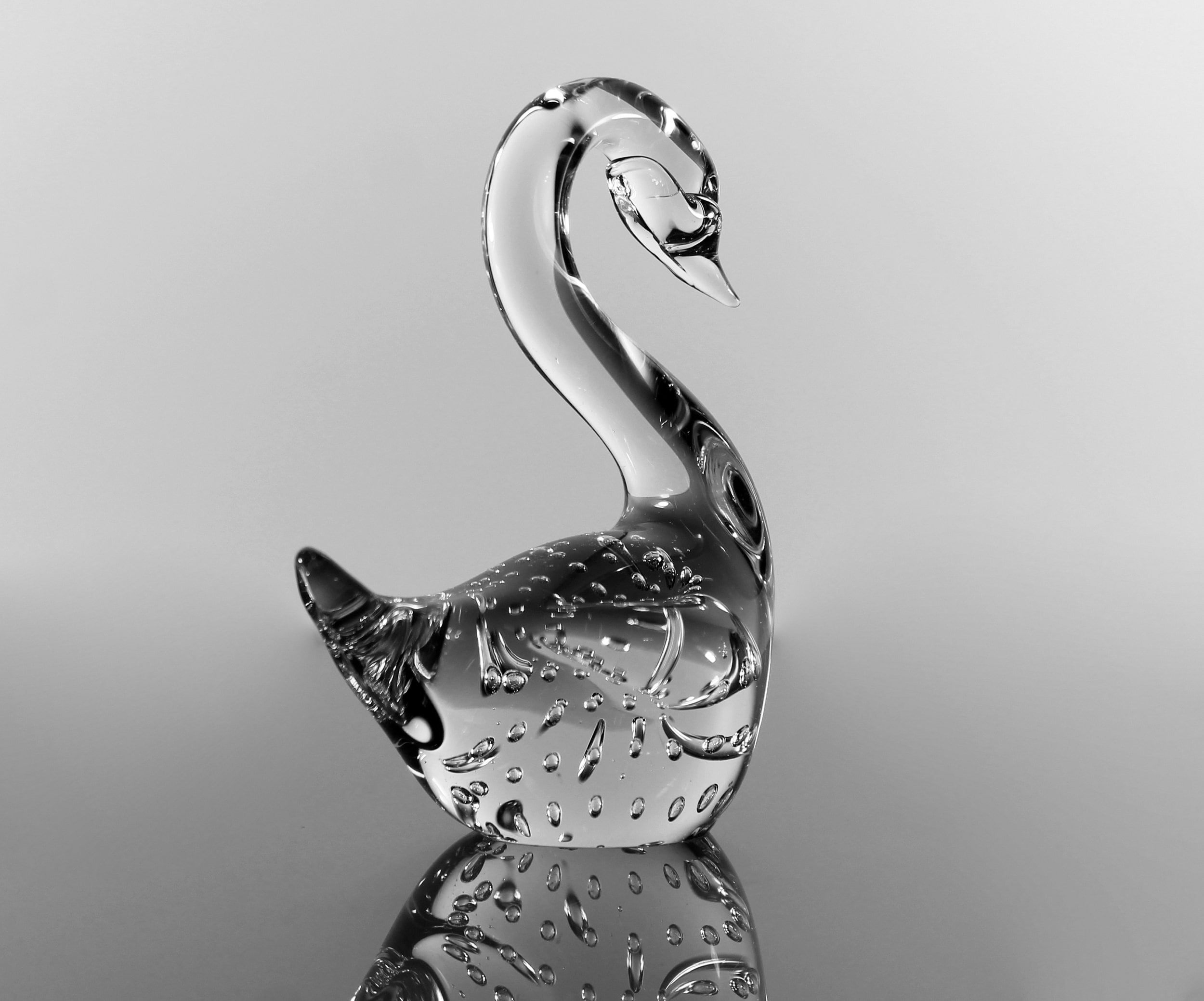 Swan Art Glass Paperweight, Clear Glass, Hand Blown Bubble Glass
