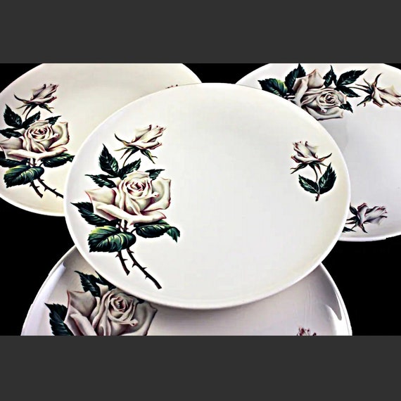 Dinner Plates, Universal Pottery, Ballerina, White Rose Pattern, Made in USA, Porcelain, Set of 4