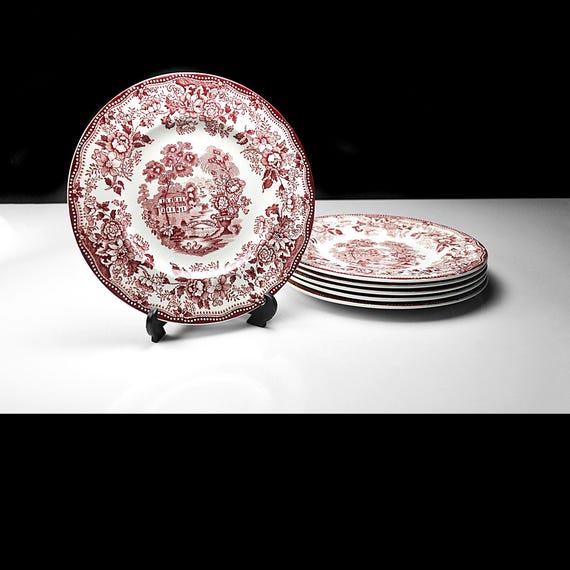 Royal Staffordshire Tonquin Salad Plates by Clarice Cliff, Set of 6, Red Transferware