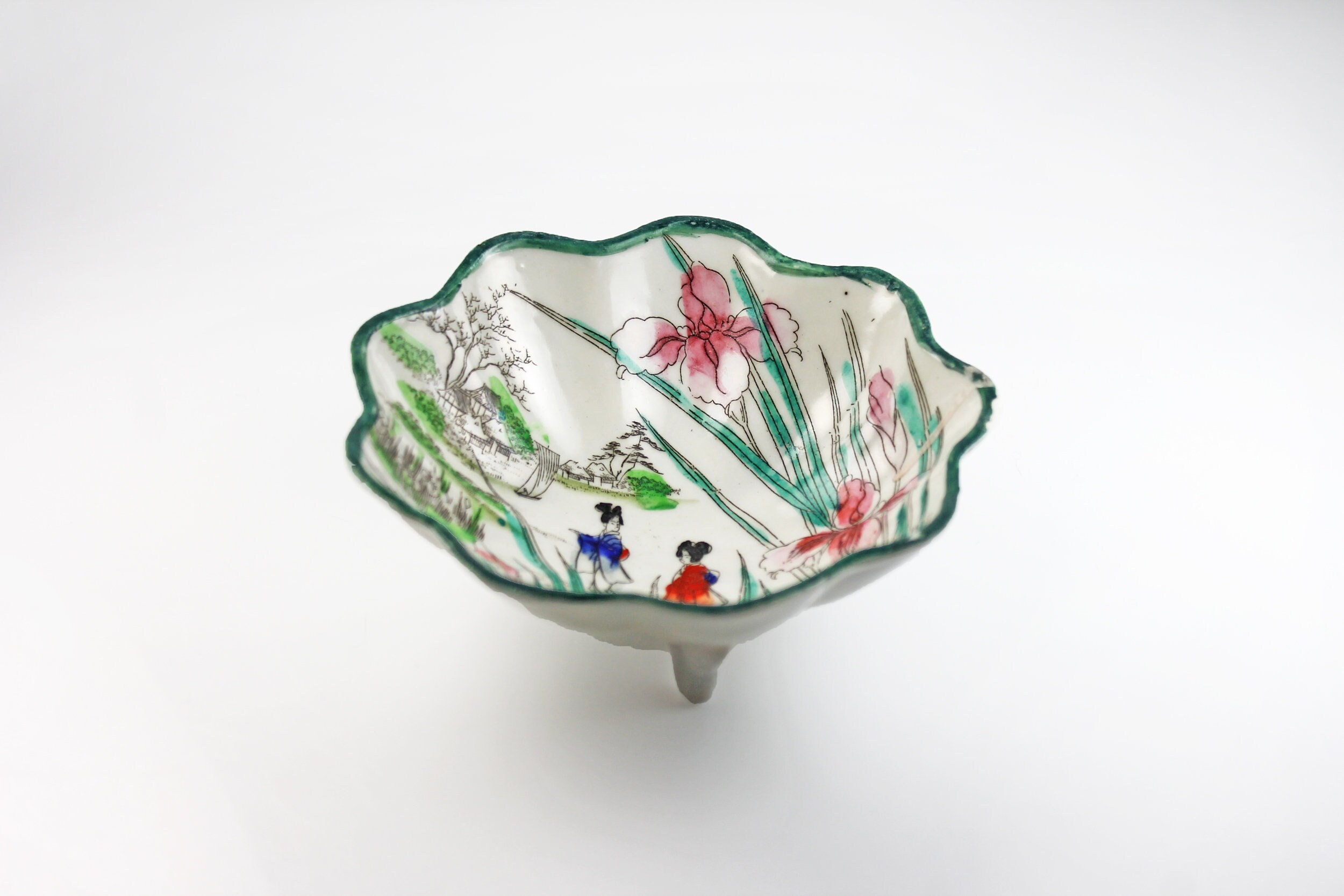 Japanese Footed Bowl, Hand Painted, Geshia Pattern, Sauce Bowl, Rice Bowl