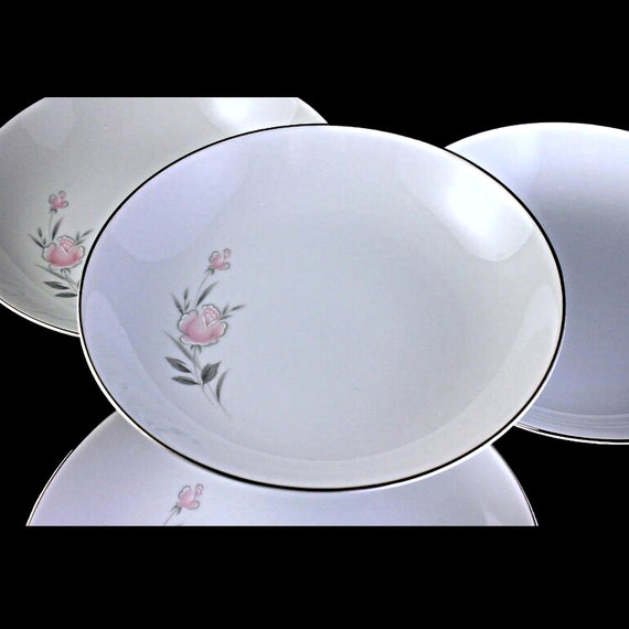 Coupe Soup Bowl, Royal Court, Belle Rose, Fine China, Set of 4, Pink Rose, Platinum Trim