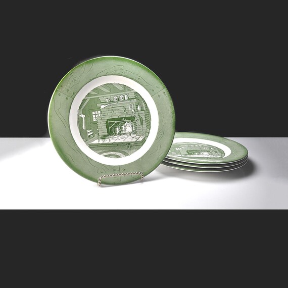 Vintage Royal China Colonial Homestead Green Dinner Plates, Set of 4, 10 Inch