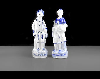 Blue and White Porcelain Figurine Pair – Man and Woman – 7 Inch Decorative Figures – Mid-Century Shelf Decor