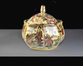 Vintage Japanese Satsuma Style Biscuit Jar, Moriage Covered Jar With Geisha Scenes