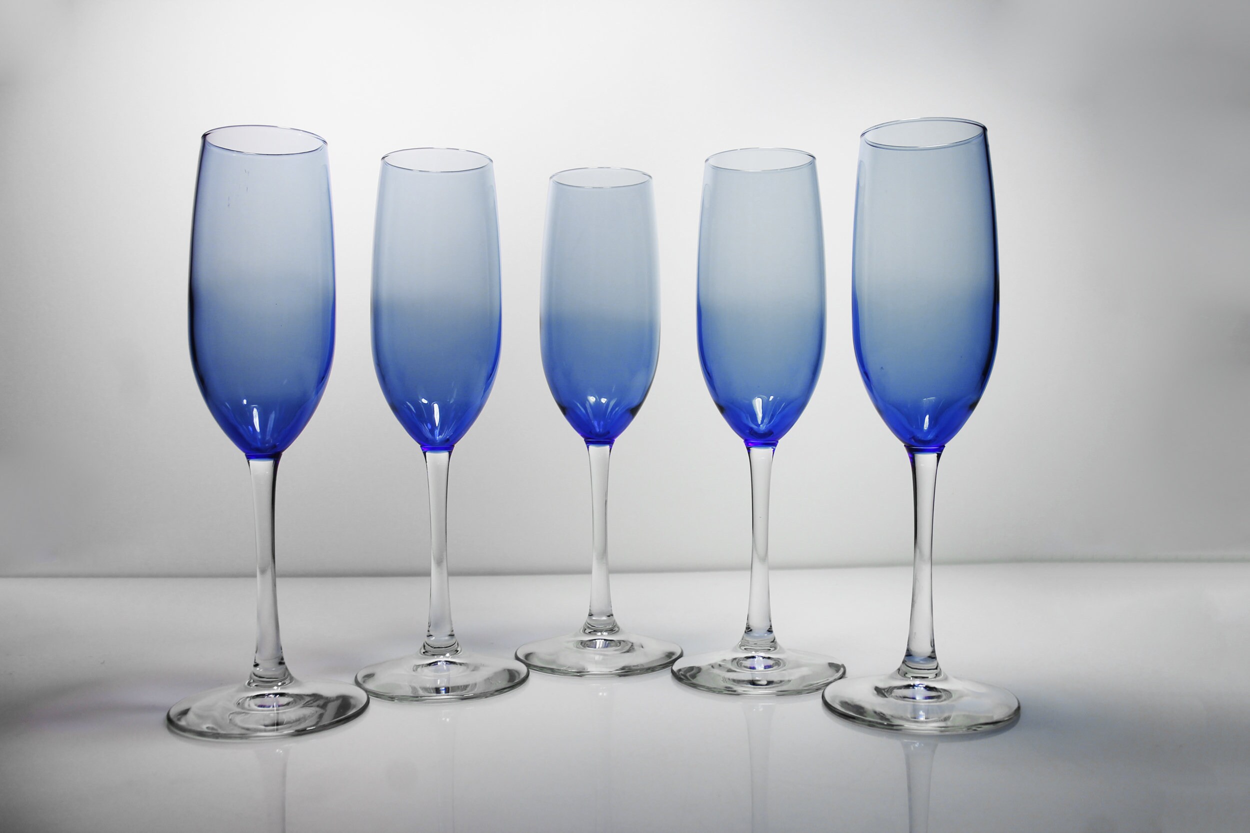 Champagne Flutes, Blue Bowl, Set of 5, Stemware, Barware, Wine Glasses