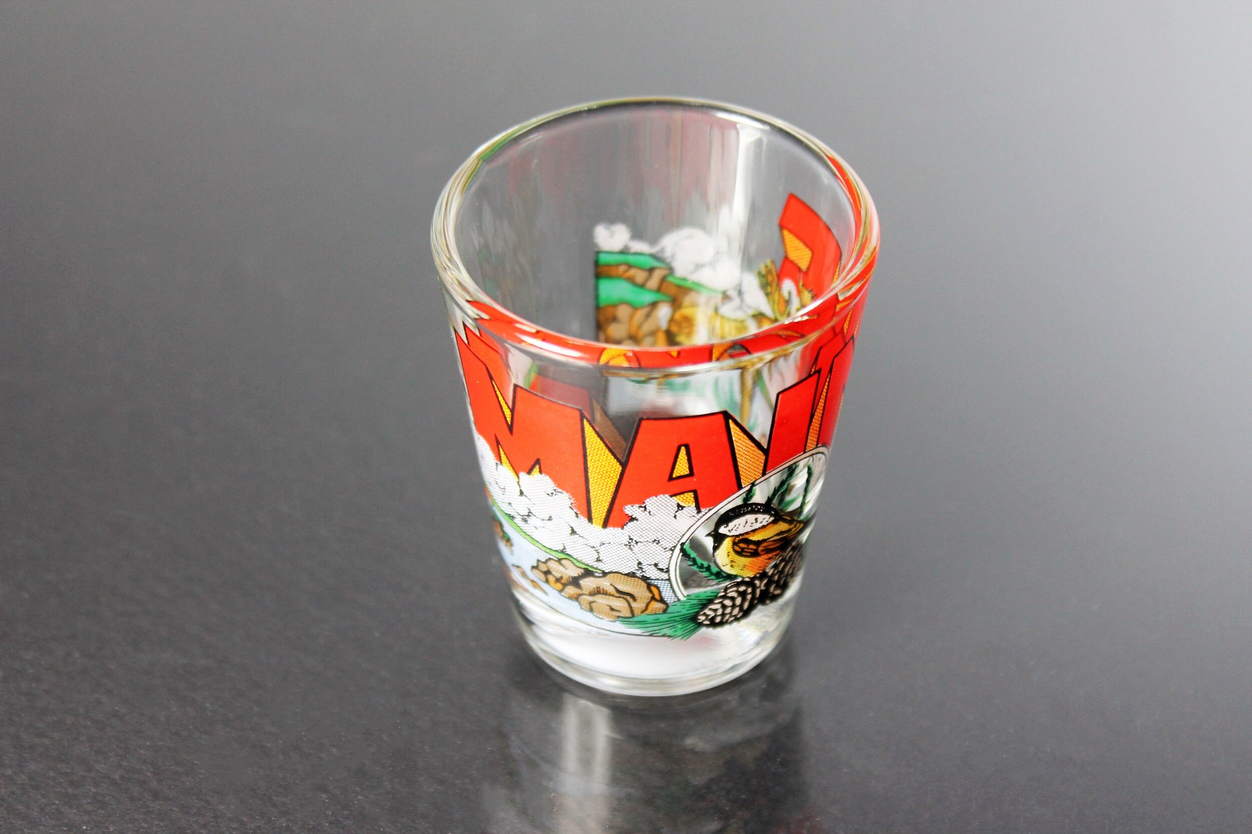 Souvenir Shot Glass, Maine, Wrap Around PyroGlazed Lighthouse Moose
