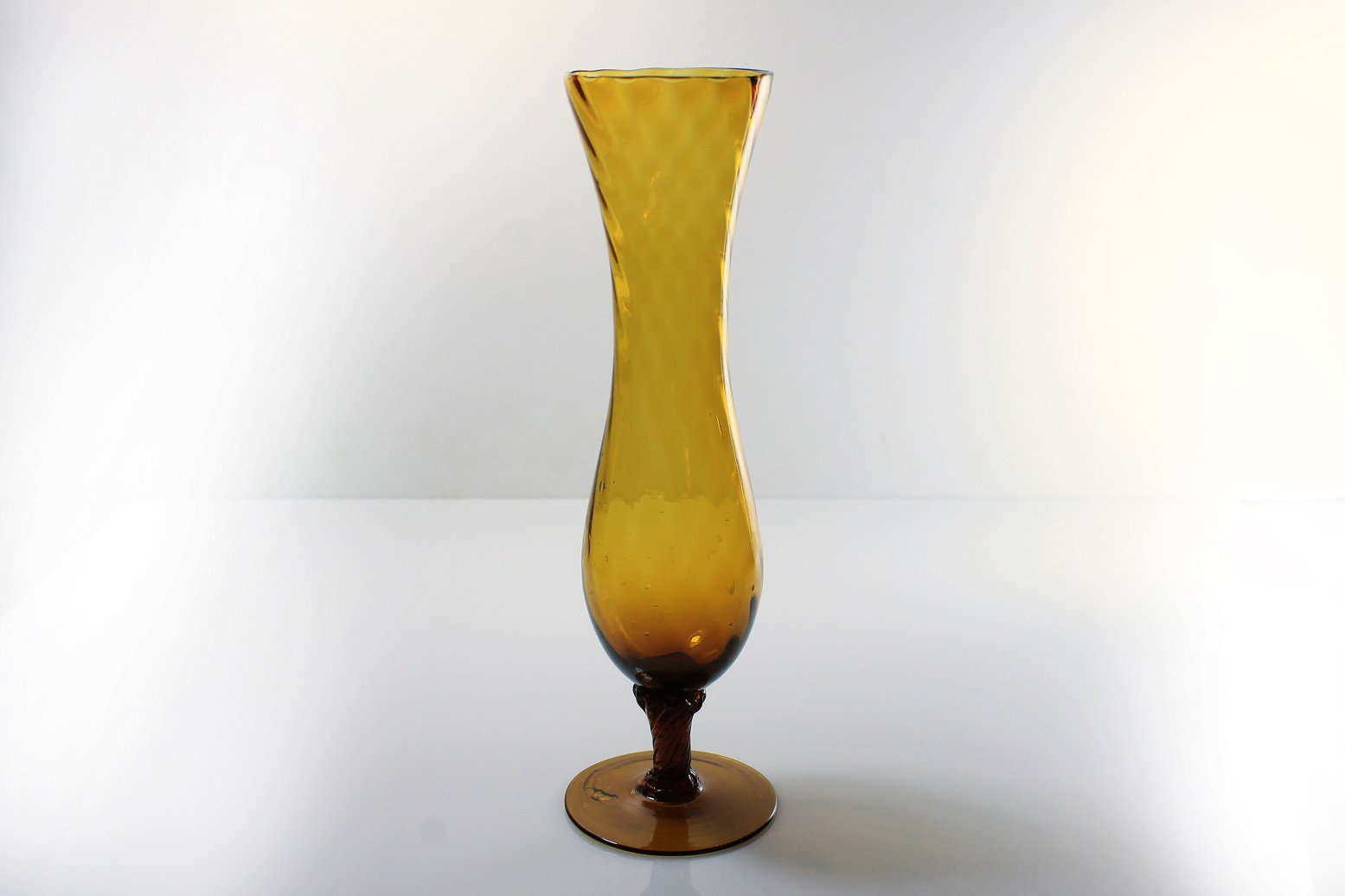 Amber Bud Vase, Hand Blown Glass, Swirled Stem, Pedestal Bud Vase