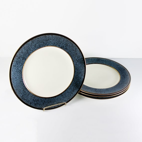 Dinner Plates, Mikasa, Ebony Flair, Fine Ivory China, Blue Spots, Set of 4, Discontinued