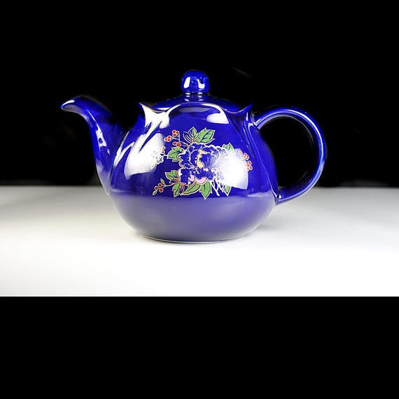 Vintage Cobalt Blue Ceramic Teapot with Floral Design, 4 Cup