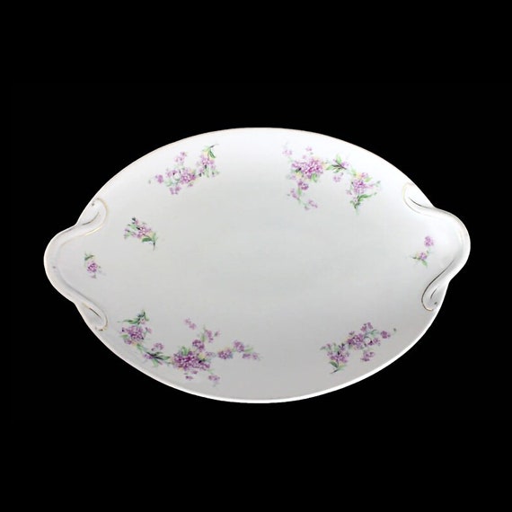 Antique Oval Platter, B S Austria, Lavender Flowers, Handled, Embossed