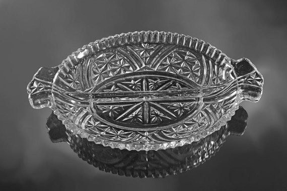 Oval Divided Relish Tray, Anchor Hocking, Pressed Glass, Stars and Bars Pattern, Oblong Serving Tray