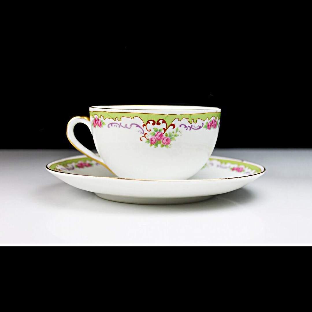 Antique Cup and Saucer, Union T China Company, Czechoslovakia, Green ...