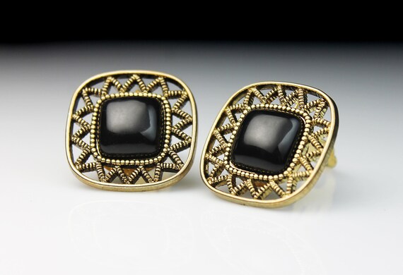 Square Clip-On Earrings, Onyx Bead, Gold Tone, Co… - image 6