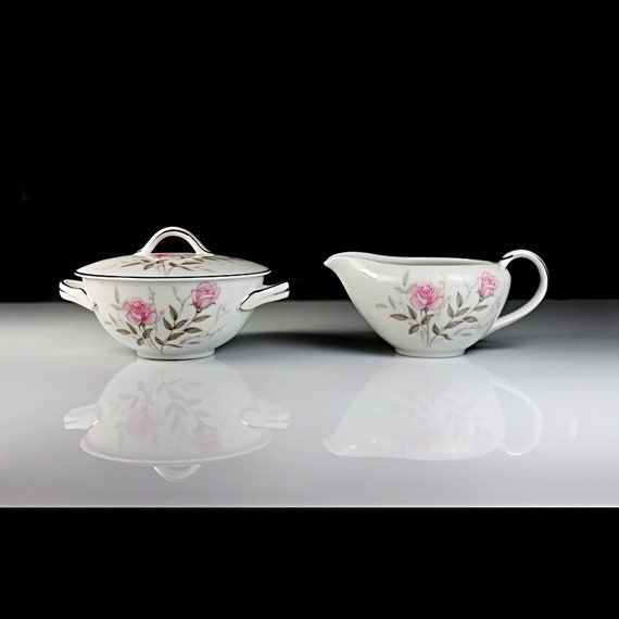 Sugar Bowl and Creamer, Towne China, Roselle, Pink Roses, Platinum Trim