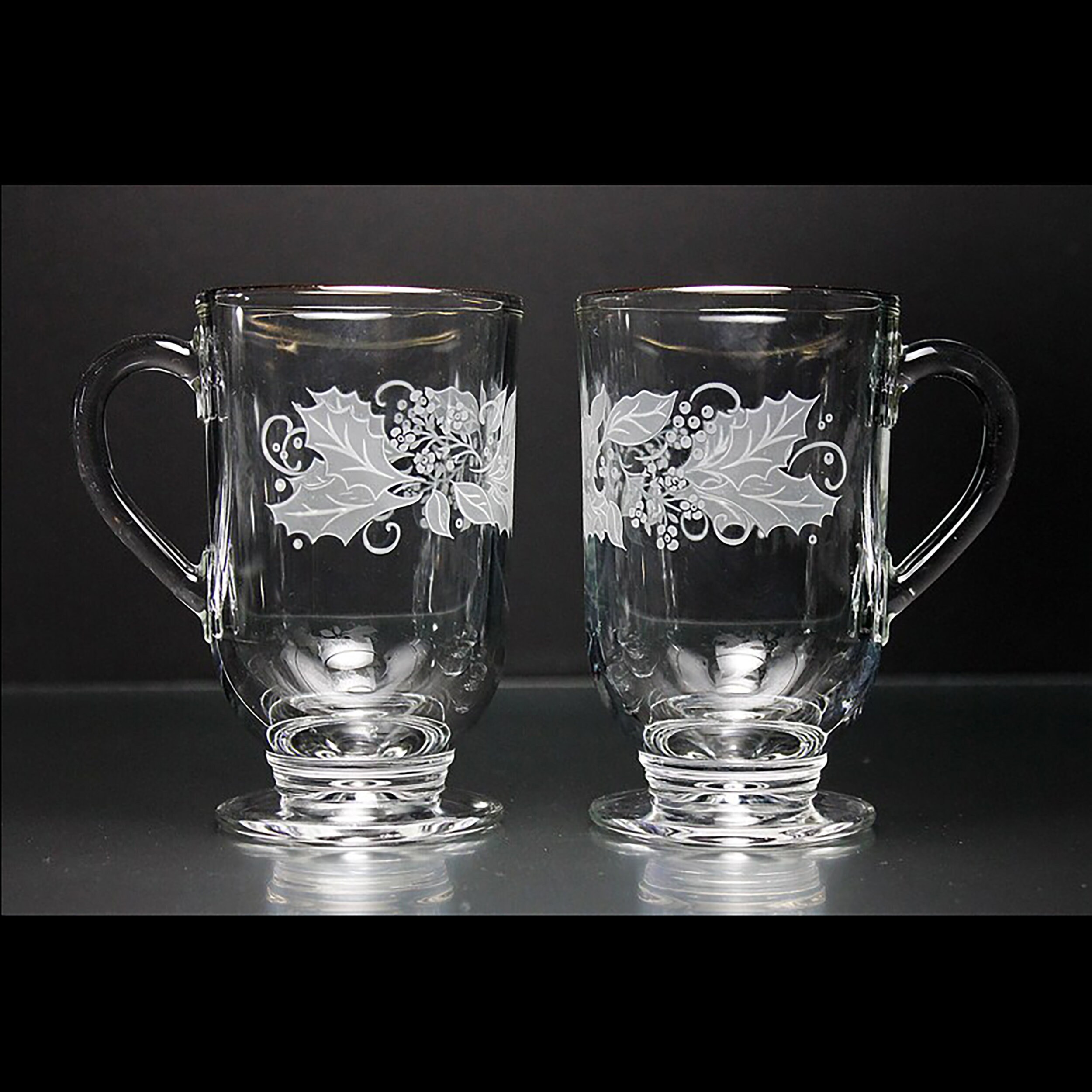 Vintage Libbey Holly and Berry Glass Coffee Mugs set of 2 