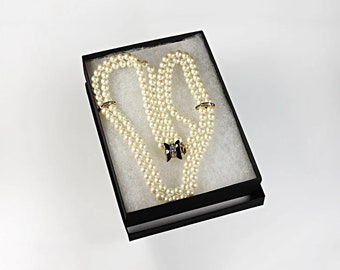 Champagne Faux Pearl Necklace, Double Strand, Rhinestone Clasp