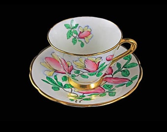 Tasse à thé et soucoupe, toscane fine porcelaine anglaise, motif floral peint à la main, fleurs roses et jaunes,