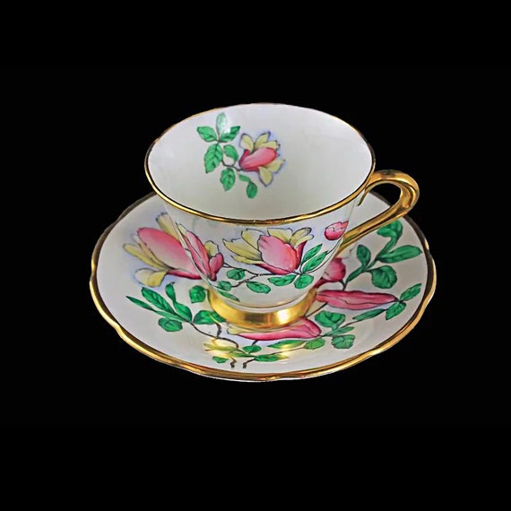 Teacup and Saucer, Tuscan Fine English Bone China, Hand Painted Floral Pattern, Pink and Yellow Flowers,