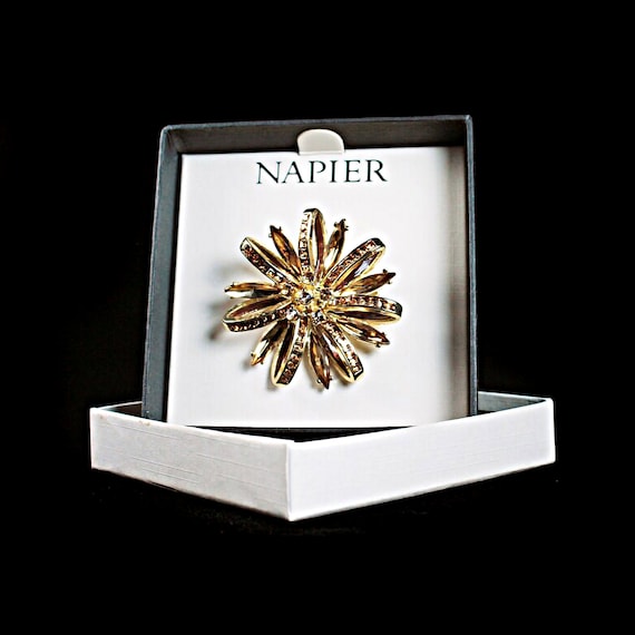 Napier Brooch, Brown Rhinestone,  Gold Tone, Fashion Pin, Costume Jewelry, Signed, Flower Design, Original Box