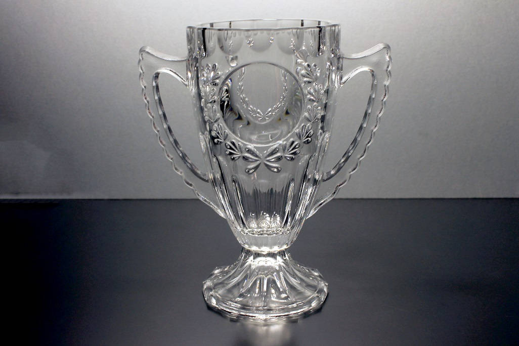 Crystal Trophy, Vase, Floral Design, Etchable, 2 Handles, Heavy Glass