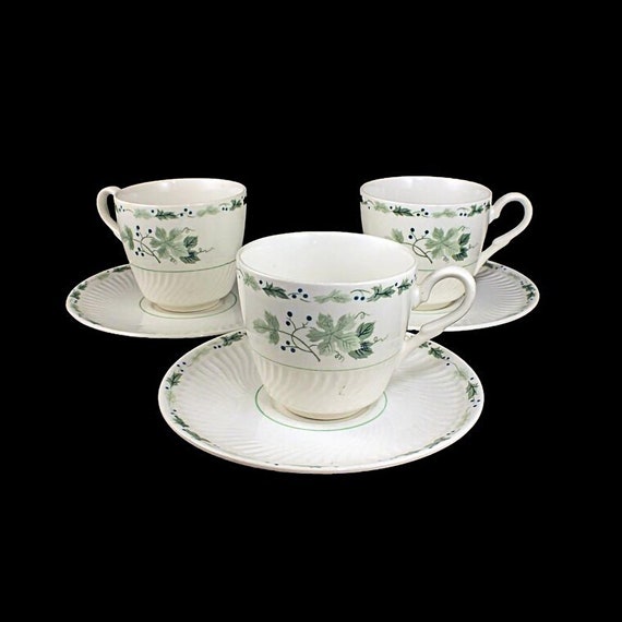 Ironstone Cups and Saucers,  Midland Enterprises,  Concord Pattern,  Green Leaves, Blue Berries, Swirl Edge, Set of 3