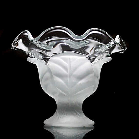 Viking Art Glass Compote, Pedestal Bowl, Frosted Leaves, Clear Glass, Centerpiece