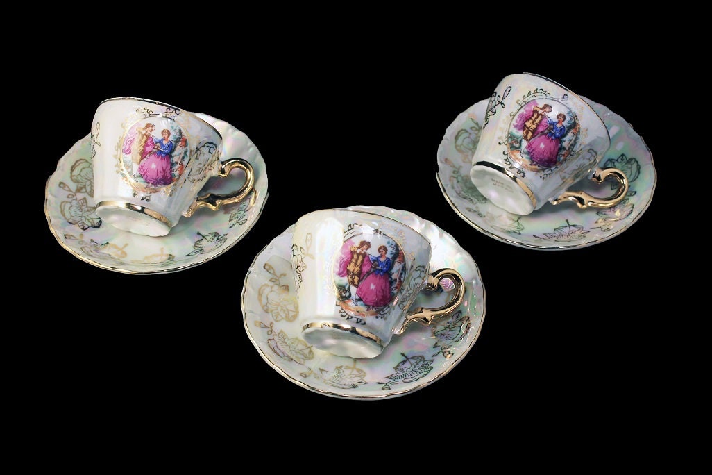 Demitasse Cups and Saucers, Portrait, Lusterware, Set of 3, Porcelain
