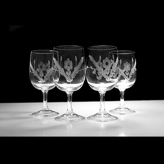 Etched Wine Glasses, Flower and Leaf Design, Set of 4, Barware
