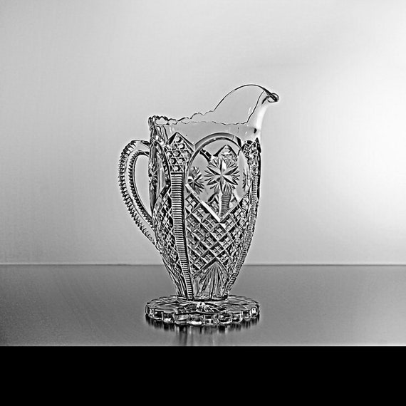 Antique EAPG Pitcher, Tarentum Glass, Windsor, Stars and Diamonds, Clear Glass, Jug, 20 Ounces, Barware