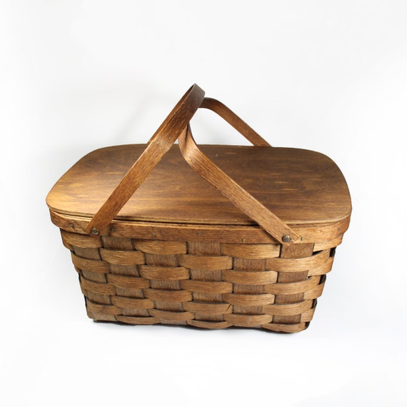 Woven Wood Picnic Basket, Basketville, Vermont, Large, Storage Basket, Top Hinge