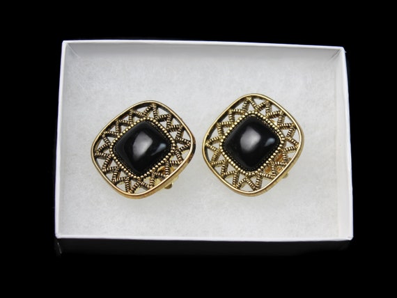 Square Clip-On Earrings, Onyx Bead, Gold Tone, Co… - image 3