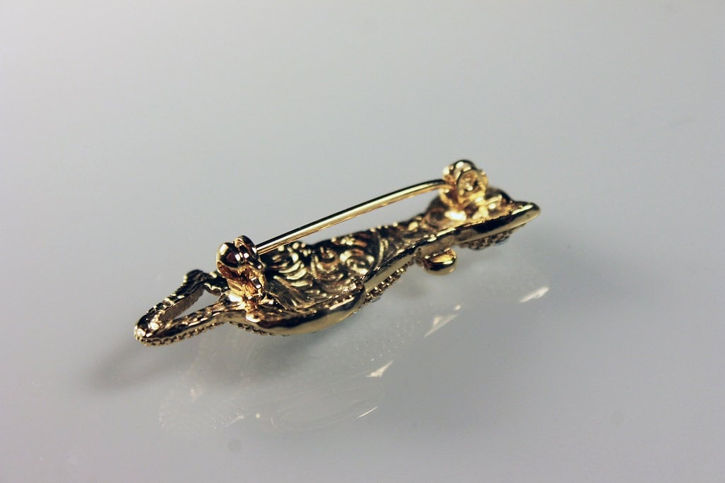 Cat Rhinestone Brooch, Clear Rhinestones, Gold Tone, Locking C Clasp, Fashion Pin, Costume