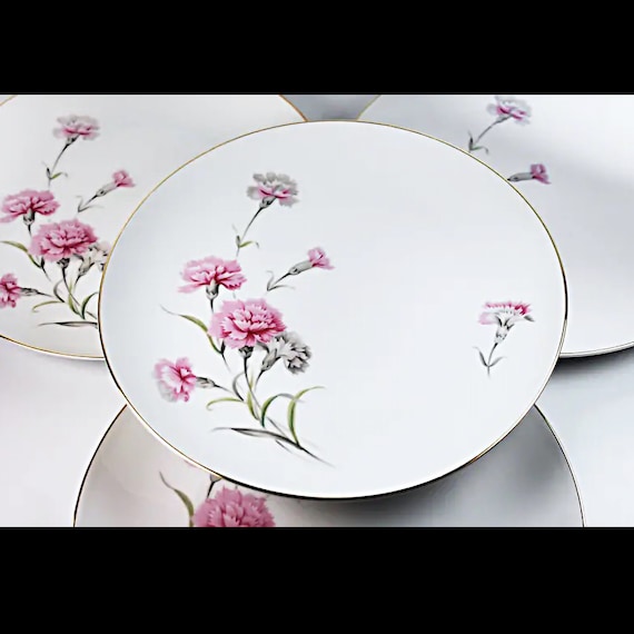 Dinner Plates, Royal Court China, Carnation Pattern, Set of 4, Pink and White