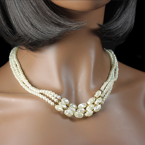 Faux Pearl Necklace, Triple Strand, Gold Tone Spacers, Costume Jewelry, Collectible, Wedding, Woman's Gift