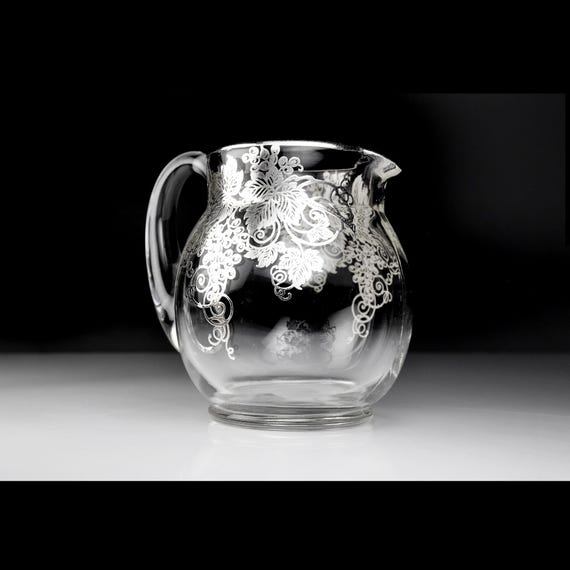 Silver City Glass Pitcher with Silver Overlay Grapes & Leaves Design, 22 oz. Mid-Century Elegant Glassware
