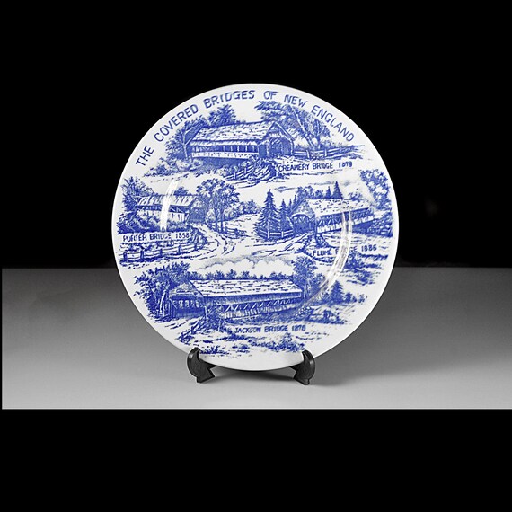 Covered Bridges of New England Souvenir Plate, Blue White Transferware
