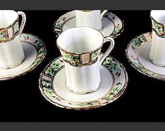 Antique Chocolate Cups and Saucers, Nippon, Noritake, Morimura,  Demitasse, Bone China, Set of 4, Gold Gilt, Hand Painted, Floral Design