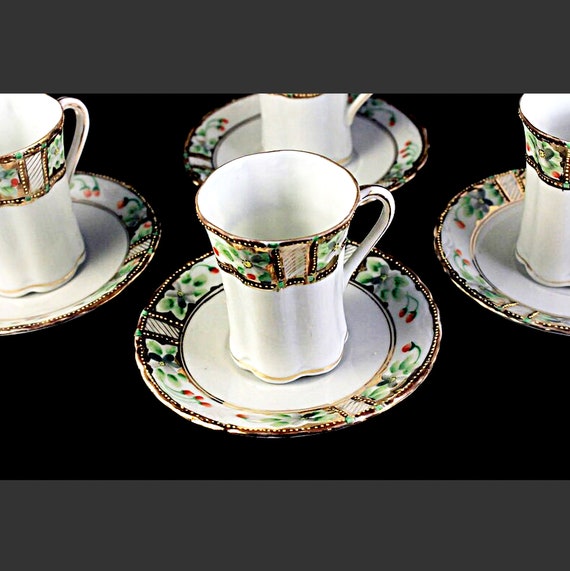 Antique Chocolate Cups and Saucers, Nippon, Noritake, Morimura,  Demitasse, Bone China, Set of 4, Gold Gilt, Hand Painted, Floral Design