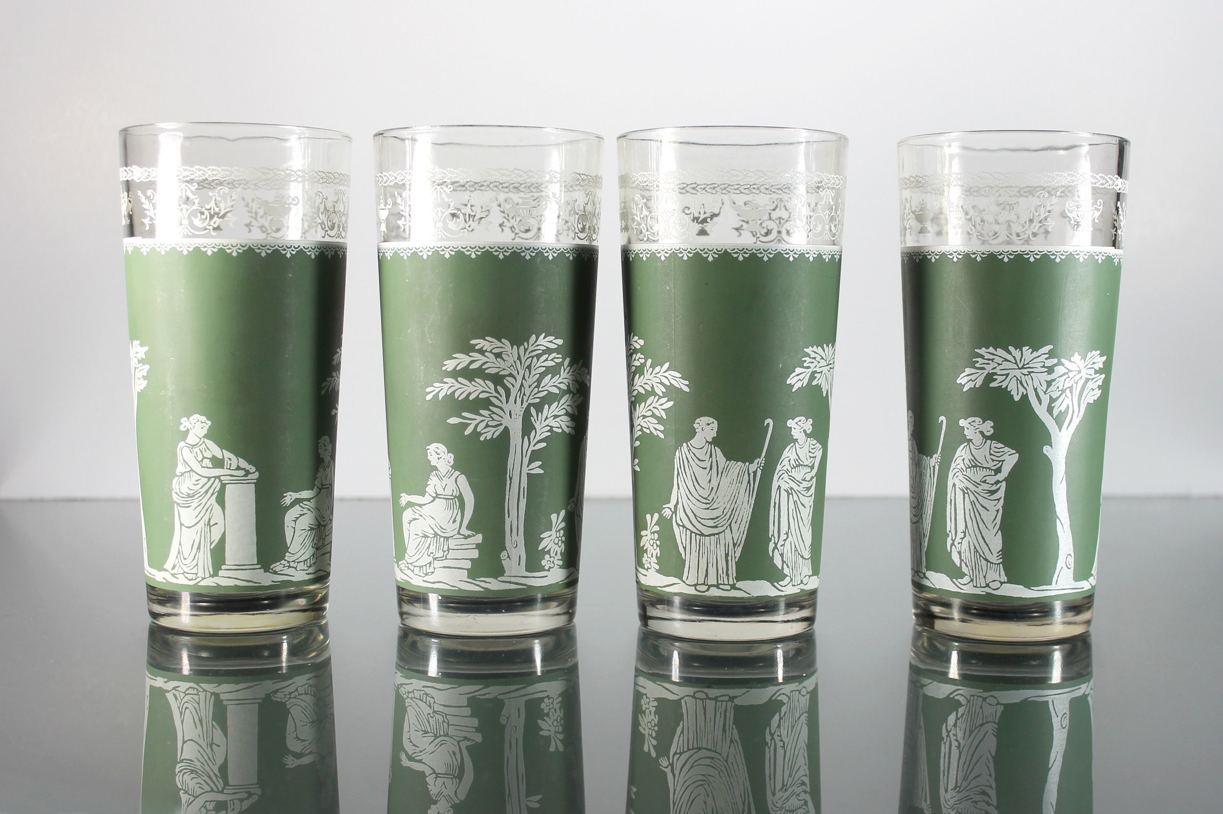 Glass Flat Tumblers, Hellenic Green, 16 Ounce, Drinking Glasses